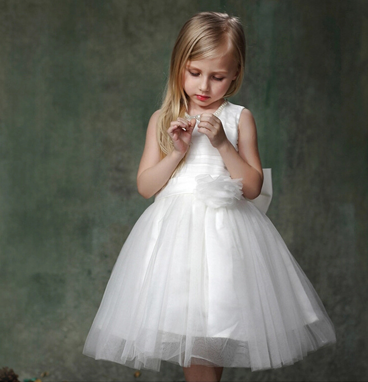 F68037-2 Girls white dress white flowers 2015 summer children dresses princess
